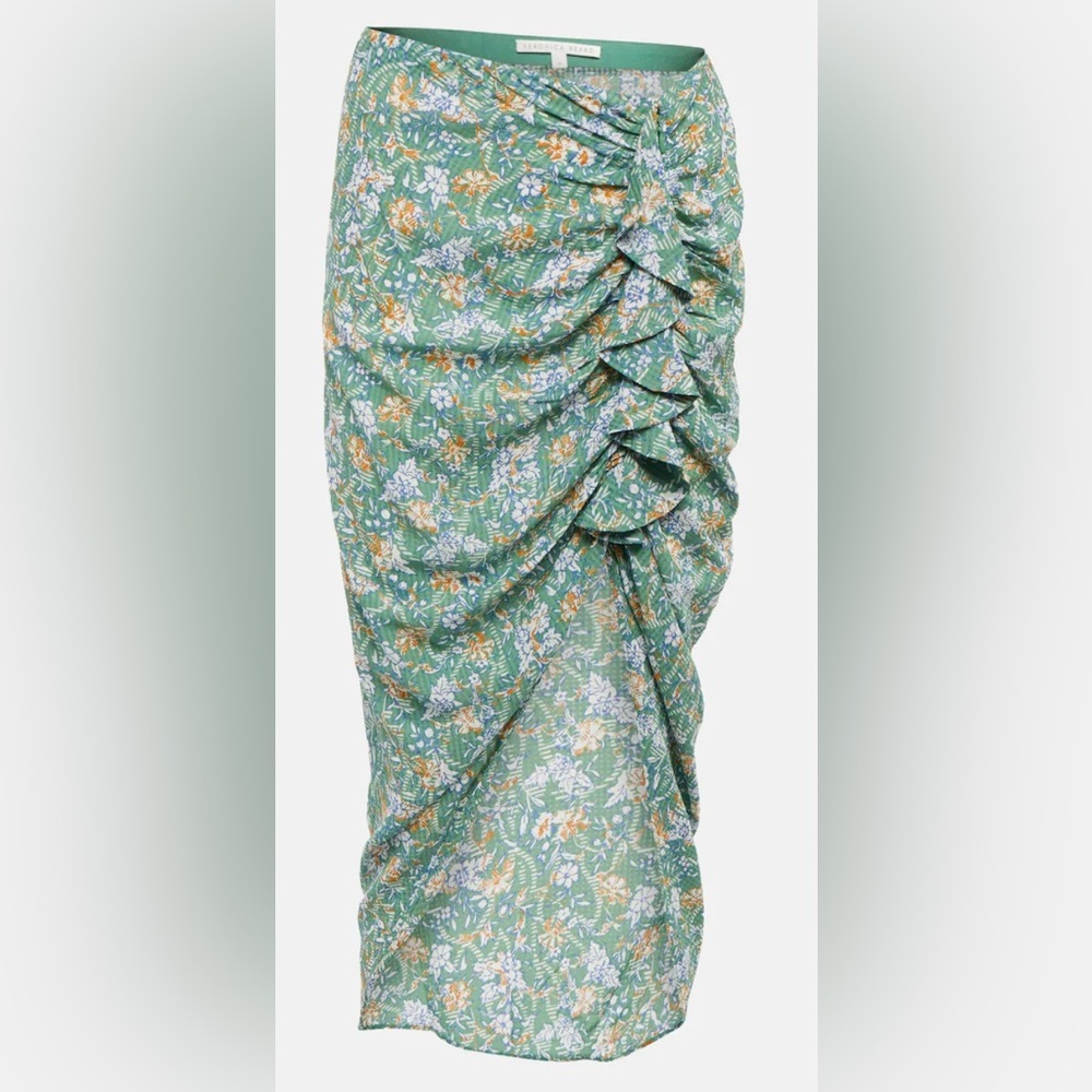 Veronica Beard Hazel Asymmetric Skirt Ruffle‎ Side Slit Size M Green Floral